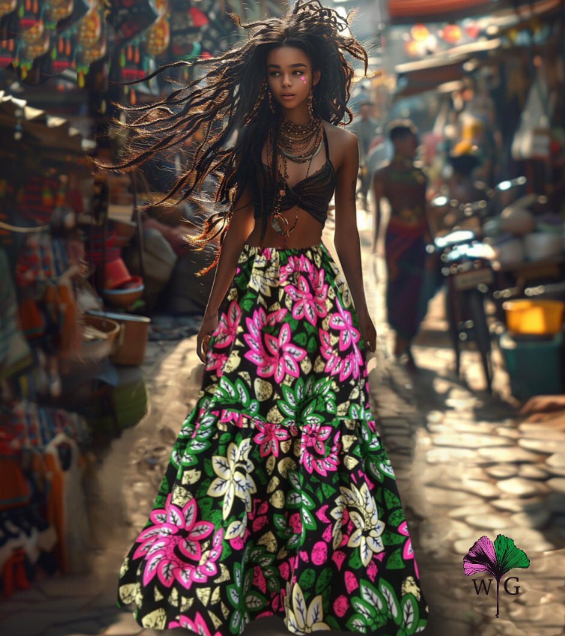 Gonna wear.ginkgo con tessuto africano colorato indossata in un mercato dal carattere vibrante